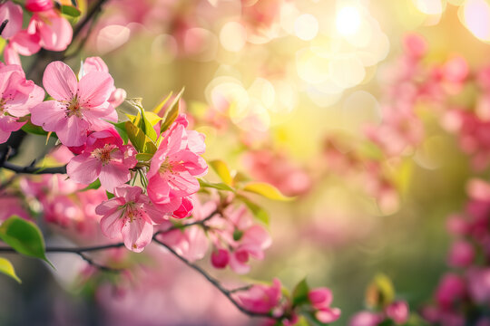 Fruit tree blossom, wild cherry apple tree detail of pink blossoms with blurred background in green and yellow colors
