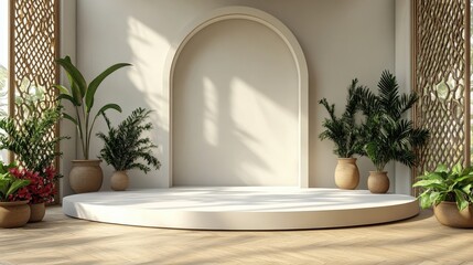 Minimalist Empty Podium with Clean Background, Green Ornaments, and Natural Light for Ramadan Celebrations and Decorations