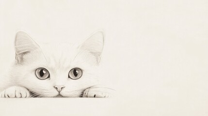 Adorable white kitten peeking over surface.