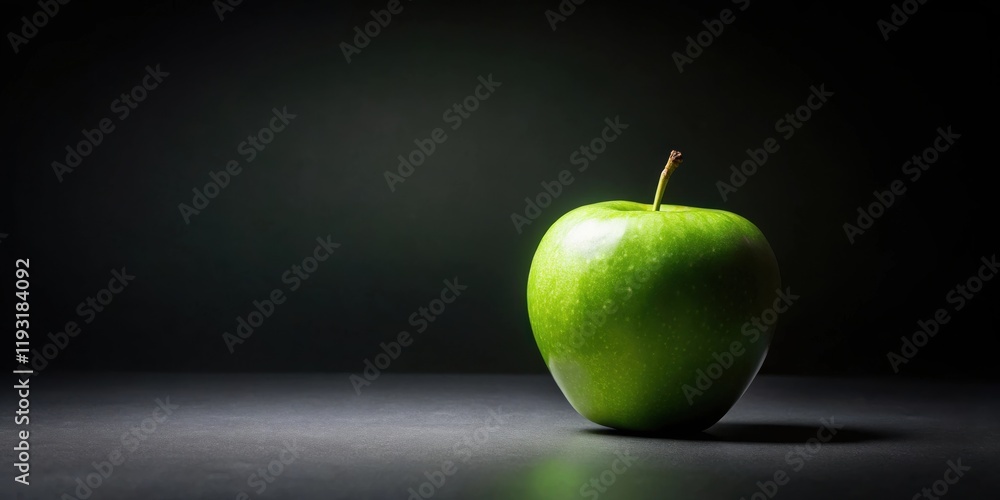 Aufkleber a single, vibrant green apple rests on a dark surface, illuminated by a subtle light source