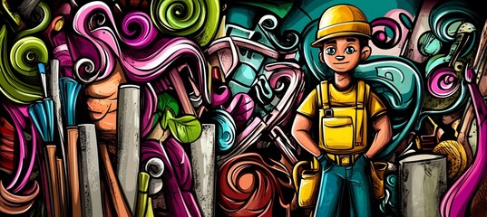 Obraz premium Colorful doodle art of a worker amidst tools and paint.