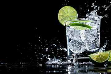 A refreshing gin and tonic with ice cubes and lime slices splashing water droplets, set against a dramatic black background.