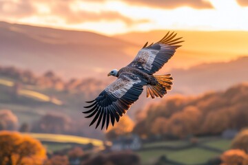 Obraz premium A vulture captured mid-flight, with its wings frozen in a downward stroke, set against a backdrop of rolling hills