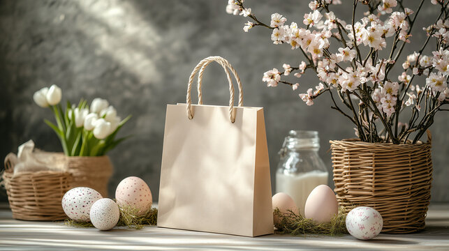 Easter Gift Mockup: A rustic spring scene featuring a blank kraft paper gift bag, surrounded by pastel Easter eggs, blossoming branches, white tulips, and a glass milk bottle.