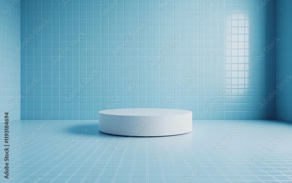 Poster minimalist studio space with a round platform on a soft blue tiled background, perfect for showcasin
