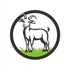 Goat in circle, grass background, farm animal illustration, logo design