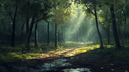 Obraz premium Sunbeams pierce a lush forest path after rain; puddles reflect light.