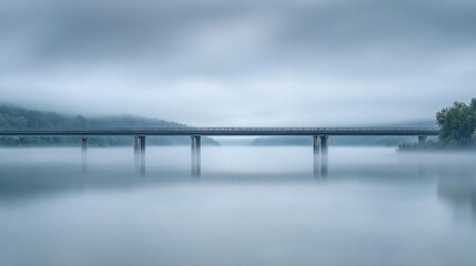 Obraz premium Misty morning view of a long bridge over calm water.