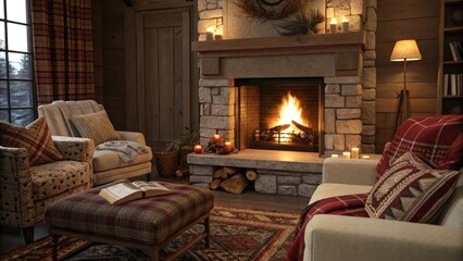 A glowing fireplace surrounded by plush furniture and pillows creating a warm and cozy ambiance, fireplace, home decor, , cozy corner