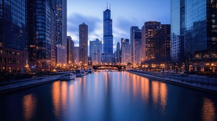 Obraz premium A bustling city skyline at dusk, with bright lights reflecting off the water, highlighting the energy and vibrancy of urban life.