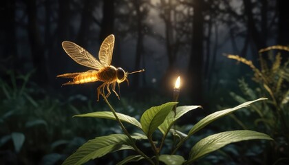 A golden firefly cuts through the darkness of a summer evening, its gentle glow illuminating the surrounding foliage, night sky, golden firefly, firefly lantern