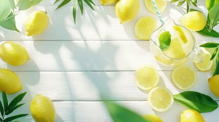Fresh lemons and lemon slices arranged beautifully on a wooden surface with green leaves, creating a vibrant and refreshing backdrop perfect for summer beverages and recipes.