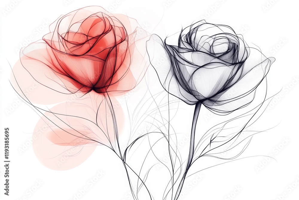 Poster a clean line art depiction of two intertwined roses, drawn with soft gradients in pink and red tones