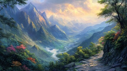 Serene mountain valley landscape with winding river, path, and lush vegetation at sunrise.