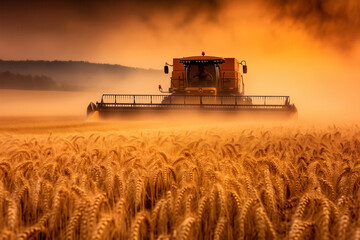 Fototapeta premium Farm Combine Harvesting in Wheat Field at Sunset: Agricultural Scene