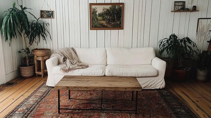 Cozy living room with white sofa, wooden coffee table, plants, and rug.