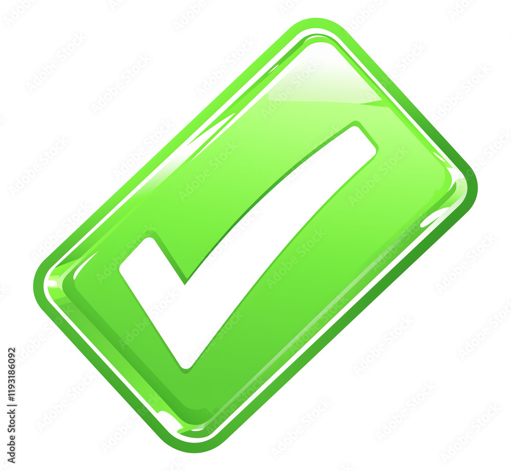 Poster glowing green check mark symbolizing approval or success, with shiny effect and modern design. vibra