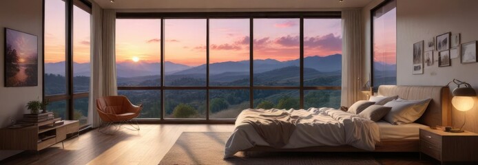 A beautiful bedroom with a large window that offers a stunning view of the sunset outside, large window, peaceful atmosphere, serene landscape