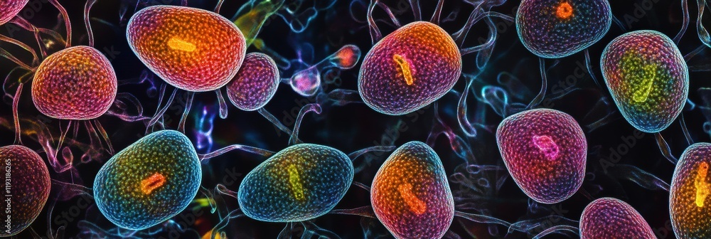 Poster magnified view of colorful viruses showcasing intricate structures and vibrant patterns in scientifi