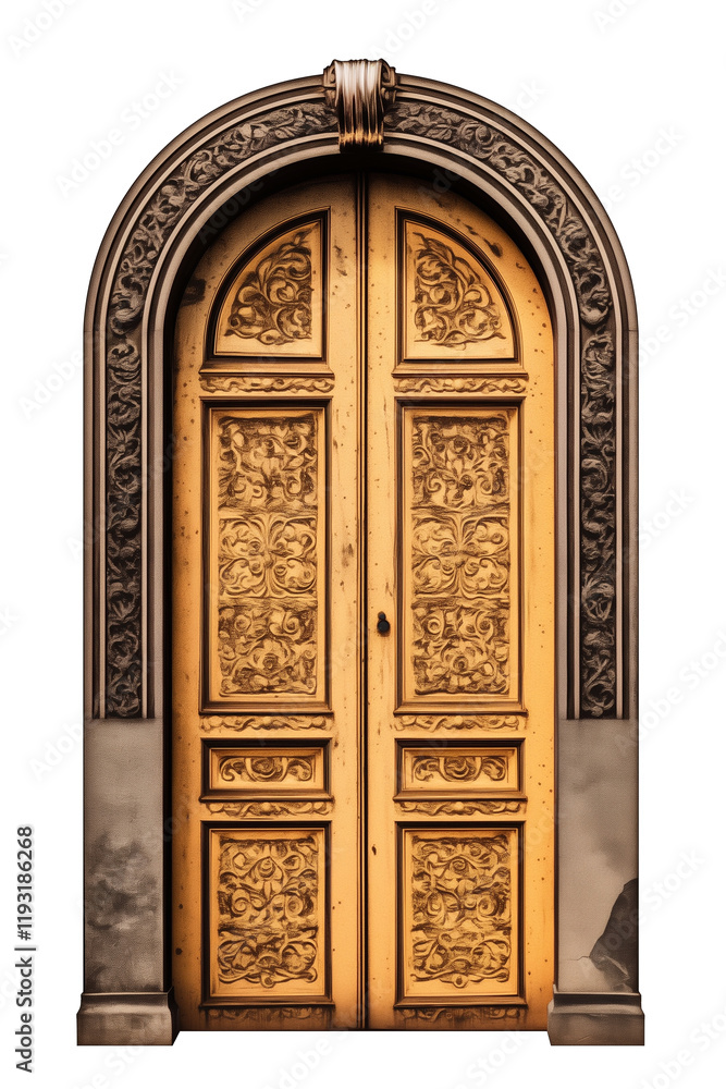 Poster Golden mosaic patterned door with intricate carvings and arched frame, isolated on transparency background, showcasing elegant craftsmanship and artistic design
