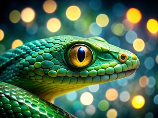 Fototapeta premium 2025 Vision: Green Snake with Yellow Eye, Bokeh Background