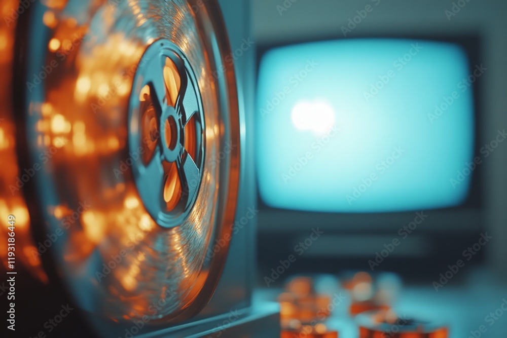 Poster a close-up of a vhs tape's reels spinning inside the player, with the retro tv screen glowing faintl