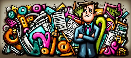 Happy businessman amidst colorful office supplies and documents in doodle style.