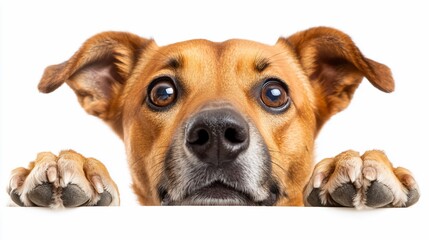 Obraz premium Curious brown dog peering over white background.