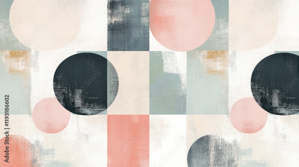 Poster a charming abstract pattern created with soft pastel-colored circles and squares, layered artistical