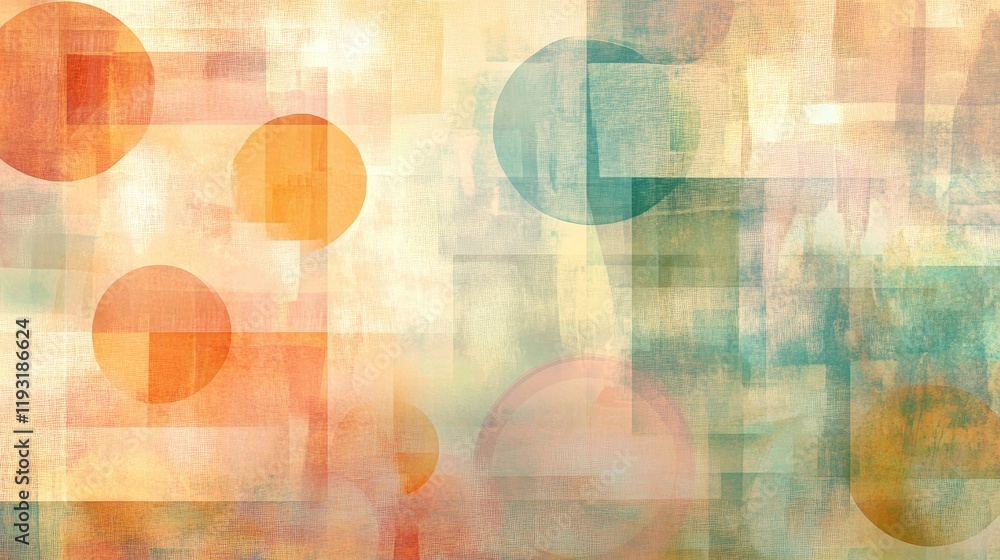 Poster a charming abstract pattern created with soft pastel-colored circles and squares, layered artistical