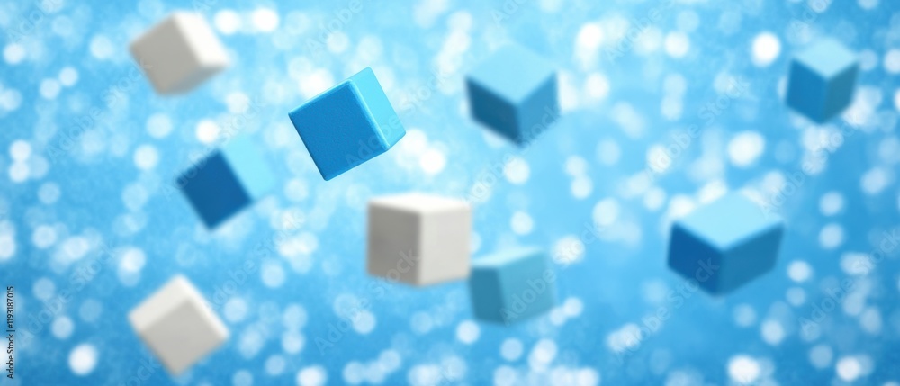 Poster colorful cubes suspended in mid-air against a sparkling blue background, creating a playful and dyna