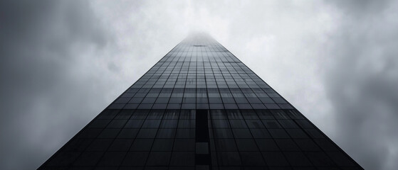 low angle shot of modern skyscraper disappearing into cloudy sky, symbolizing ambition and progress. sleek glass facade reflects overcast atmosphere, creating dramatic effect