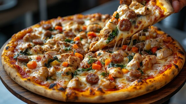 Delicious pizza with chicken sausage and colorful vegetables for any occasion