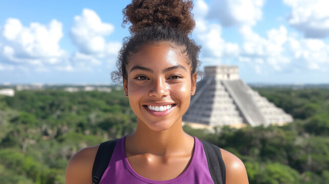 Afro tourist woman smiling tour to anchient Mayan pyramid of Kukulcan El Castillo