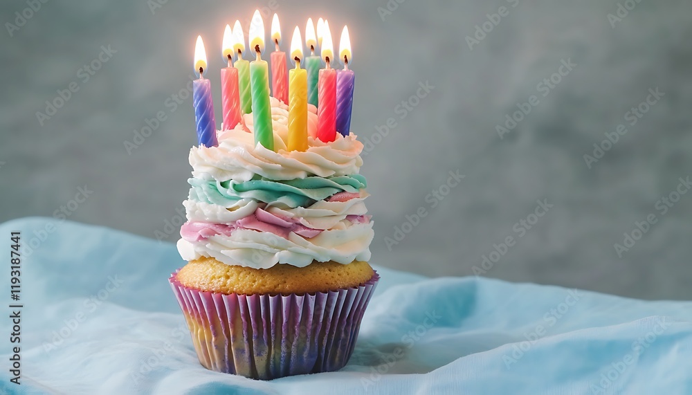 Fototapete a charming cupcake tower with colorful candles and frosting isolated on a soft blue backdrop