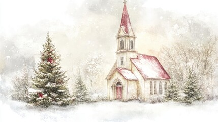 Illustration of a small church in a snowy landscape with a pine tree