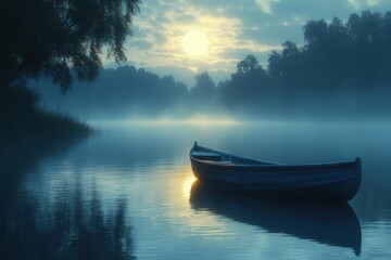 a romantic boat ride across a mystical lake, bathed in moonlight, surrounded by enchanting trees and a dreamy atmosphere, evoking love and serenity