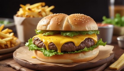 A juicy beef patty topped with melted cheese and fresh lettuce on a toasted bun, served with a side of crispy french fries, savory meal, toasted bun
