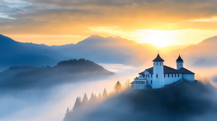 serene mountain monastery overlooking a misty valley.