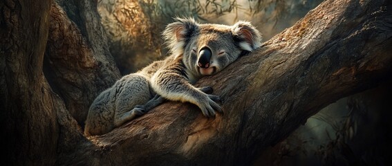 Sleeping koala on a tree branch in sunlight.