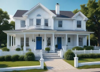 A beautiful white house with a bright blue front door and a wraparound porch, peaceful ambiance , inviting porch, charming exterior
