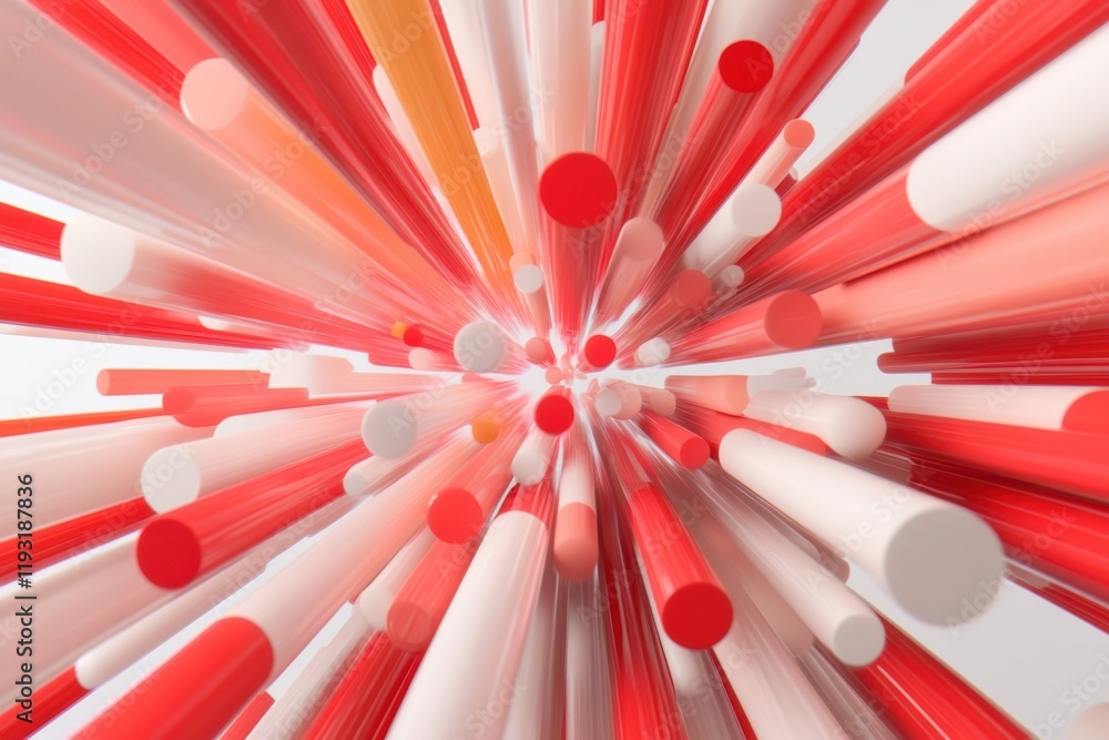 Poster abstract dynamic visualization with vibrant red and white shapes radiating outward, creating a sense