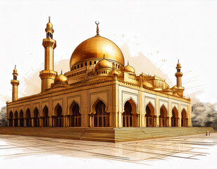 Fototapeta premium Golden Mosque architecture illustration isolated on white background, number 1