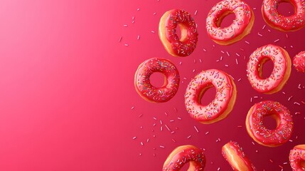 Fototapeta premium Colorful donuts with sprinkles floating against a vibrant pink background, capturing a playful and sweet atmosphere.