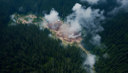 Fototapeta premium Deforestation in woodland in Pacific Northwest, aerial, with white tones