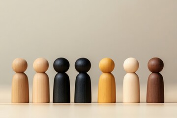 A diverse lineup of wooden figures symbolizing unity, individuality, and community on a neutral background.