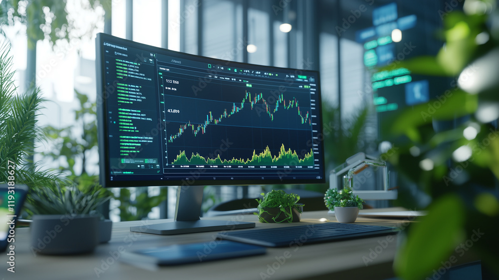 Poster modern office desk with large curved monitor displaying financial graphs, surrounded by lush green p