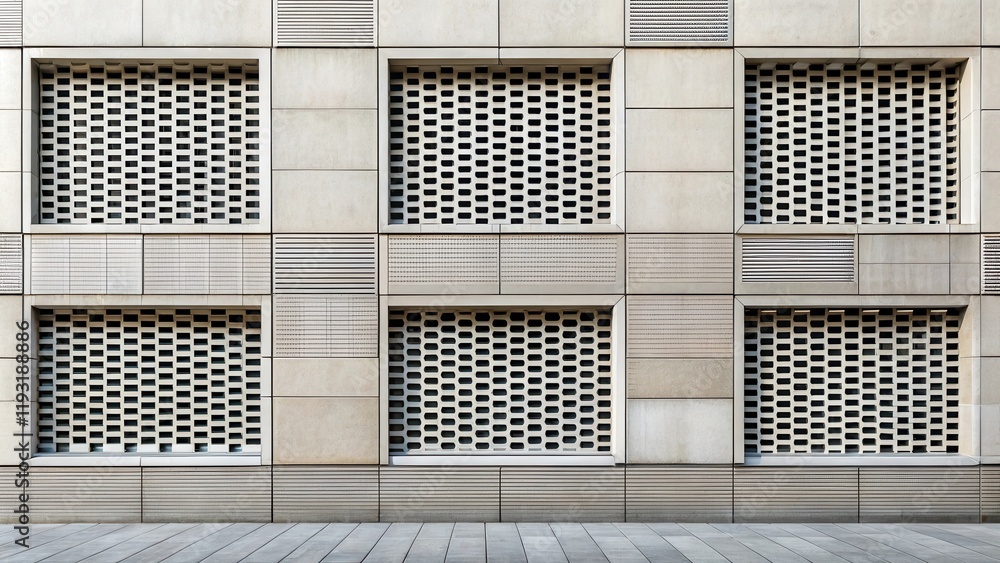 Poster modern architectural facade with geometric ventilation pattern and stonework