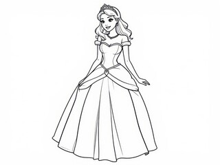 Fototapeta premium Beautiful Princess in Elegant Ball Gown Fairytale Illustration Line Art Coloring Page