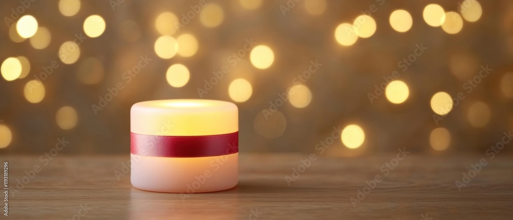 Poster a soft glowing candle with a red ribbon, creating a warm ambiance against a backdrop of golden bokeh
